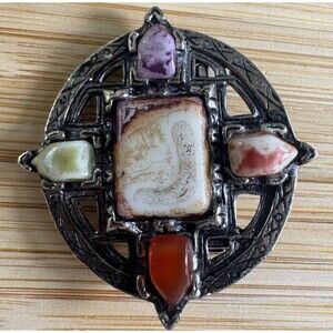 Vintage Artisan Style Brooch Mixed Stone Inlay Silver Tone Boho Statement Pin